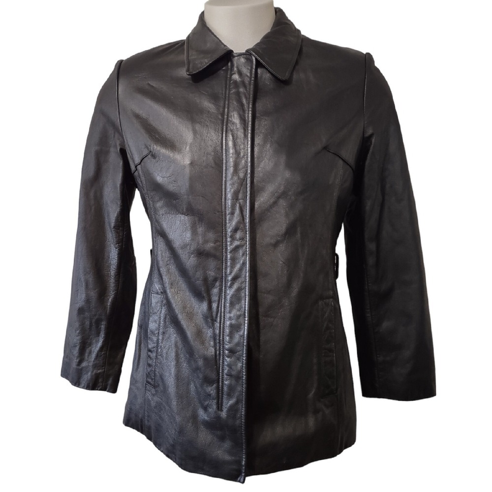 Wilsons Leather Jacket Womans Medium Black Full zip collar casual ladies pockets
